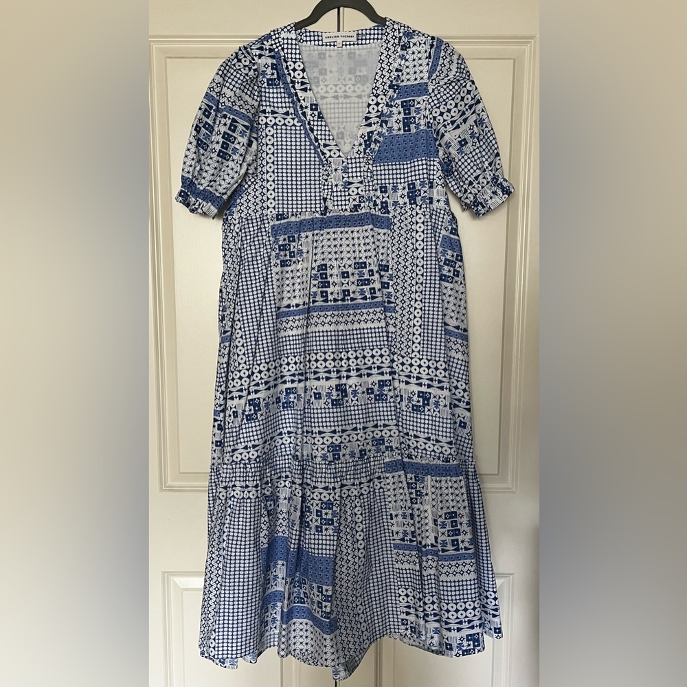 English Factory Blue and White Tiered Midi Dress